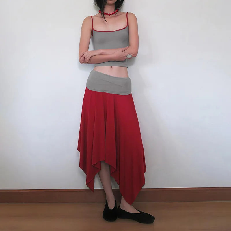 Cyflymder  Color Patchwork Casual 2 Piece Set Women Sexy Camis Crop Tops + Asymmetrical Maxi Skirts Streetwear Suits Spicy Girl Clubwear