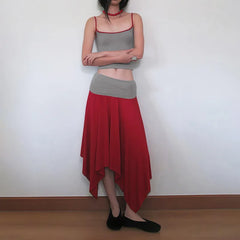 Cyflymder  Color Patchwork Casual 2 Piece Set Women Sexy Camis Crop Tops + Asymmetrical Maxi Skirts Streetwear Suits Spicy Girl Clubwear