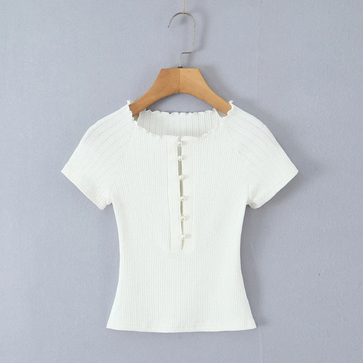 Cyflymder  Retro O-neck Pearl Button Shirt Women's Summer Short-sleeved Slim Knited T-shirt Top Fashion Female Clothes
