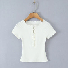 Cyflymder  Retro O-neck Pearl Button Shirt Women's Summer Short-sleeved Slim Knited T-shirt Top Fashion Female Clothes