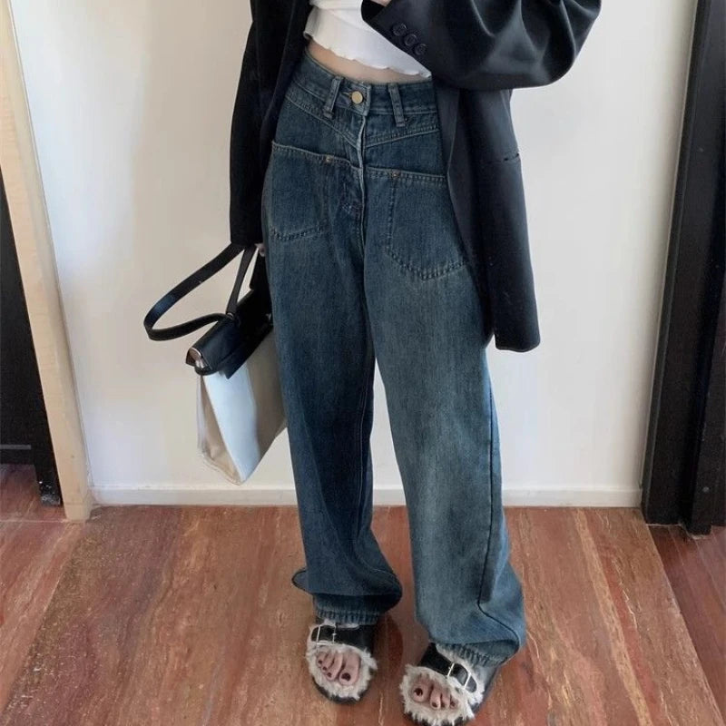 Cyflymder Vintage Casual Thick Jeans Women Korean Fashion Basic High Waist Wide Leg Denim Pants Autumn Warm Straight Trousers