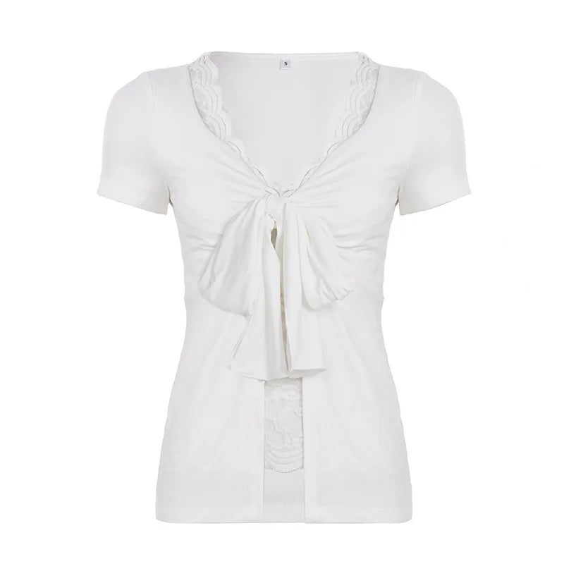 Cyflymder  High Street American Spliced Lace Fake Two Piece Y2k Pleated Bow Design Spice Girl Clothes Summer Sweet Casual Punk Tops