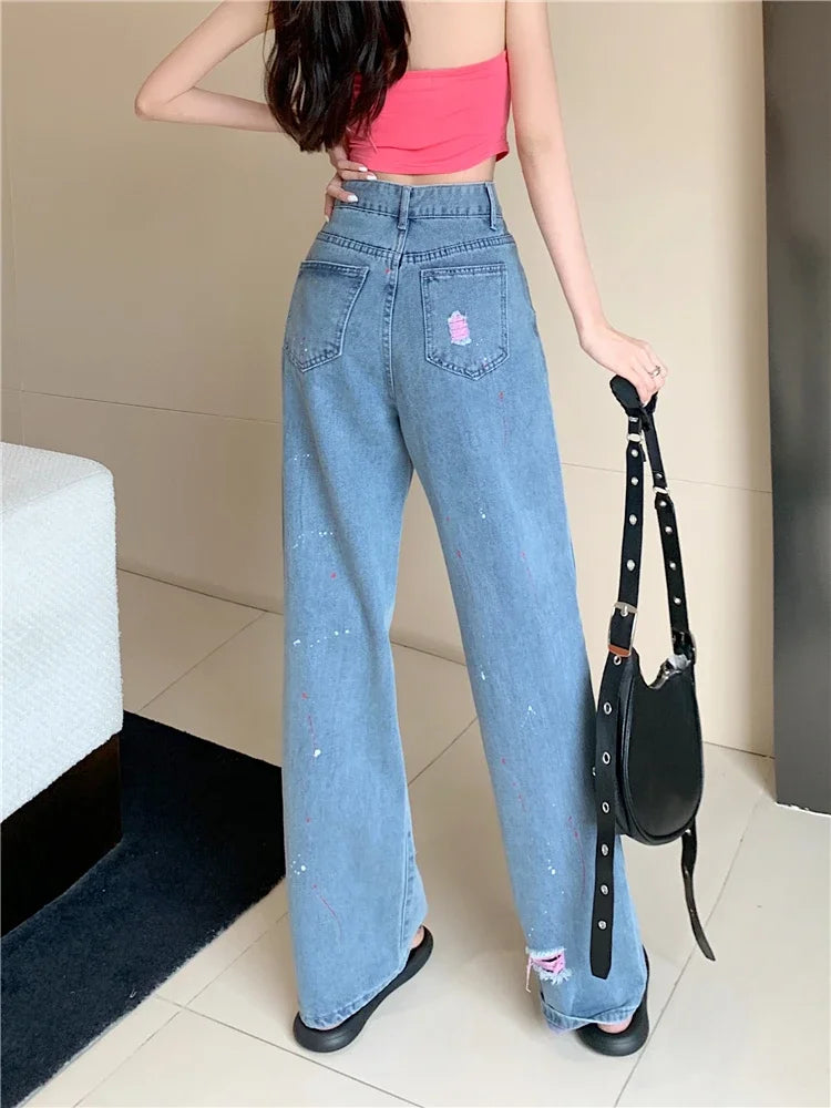 Cyflymder  Hot Girl Torn Jeans Women's Summer High Waisted Pink Ripped Loose Draped Demin Wide Leg Pants Fashion Casual Female Clothes