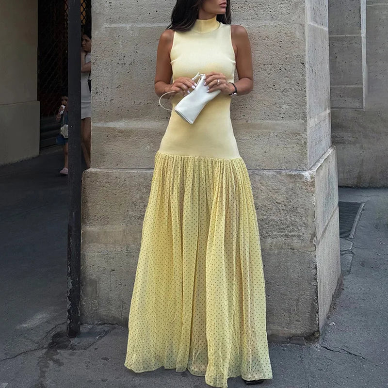 Cyflymder  Summer Sleeveless Tank Maxi Dress Spring Casual Turtleneck Patchwork Mesh Dress Women Sexy Polka Dot Print Loose Long Dress