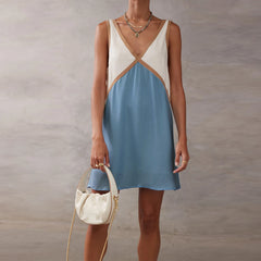 Cyflymder  Women Y2k V Neck Short Tank Dress Patchwork Sleeveless Babydoll Mini Dresses Elegant Boho Vacation Sundress