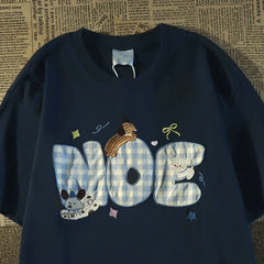 Cyflymder   American Sle Plaid Embroidery Dog Pure Cotton ort Sve T-irt Women Summer Loose Korean Lazy Sle INS Age Reduction