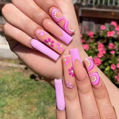 Cyflymder   24Pcs Wearable Long Coffin Fake Nails Love Heart Press on False Nails Cute Sweet Mini Flower French Nail Art Pink French Nail