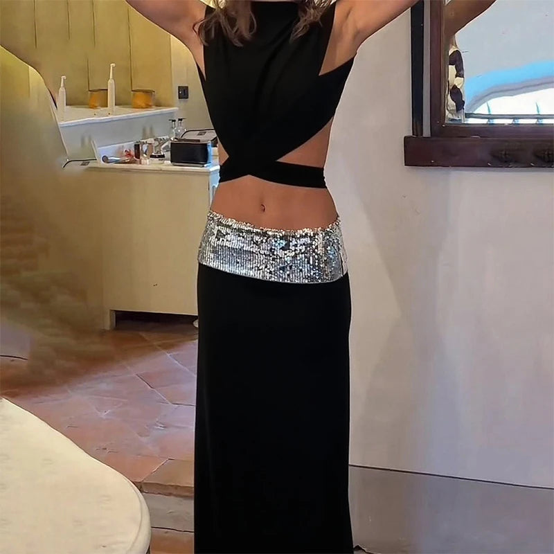 Cyflymder  Elegant Shiny Splicing Slim Suit Fashion O-neck Cross Hollow Tops & Long Skirt Set Women Casual Sleeveless Solid 2 Piece Outfits