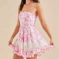 Cyflymder  Tube Top Dress for Women Summer Boho Vintage Strapless Floral Mini Dresses Off The Shoudle Ruffle Beach Dress