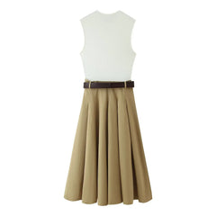 Cyflymder  Retro Chic Women's Patchwork Dress Round Neck Sleeveless Belt Pleated Maxi Dress New Fashion Summer Holiday Dress