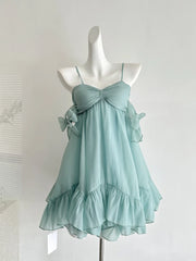 Cyflymder   Japanese Sweet Mint Green Chiffon Mini Dress Women Fairycore Strap Bow Ruffle Dresses New Fashion Cute Princess Clothing