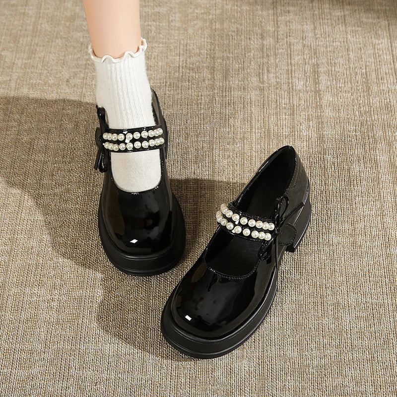 Cyflymder  Vintage High Heels Mary Jane Shoes for Women 2025 Patent Leather Platform Pumps Woman Pearls Thick-Heeled Shoes Female