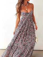Cyflymder  Women Elegant Floral Print Sling Dress Sexy Off Shoulder Backless Long Pleated Party Dress Fashion Hight Waist Swing Bohe Dress
