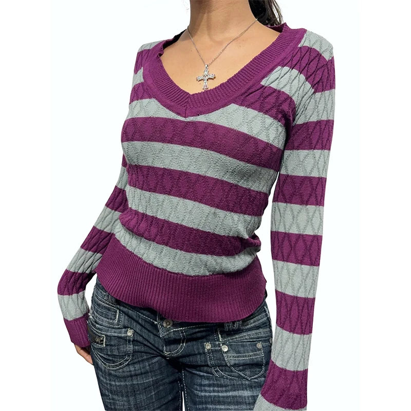 Cyflymder  Harajuku women's sweater stylish chic striped sexy retro aesthetic grunge gothic punk Y2K high street slim fit long sleeve tops