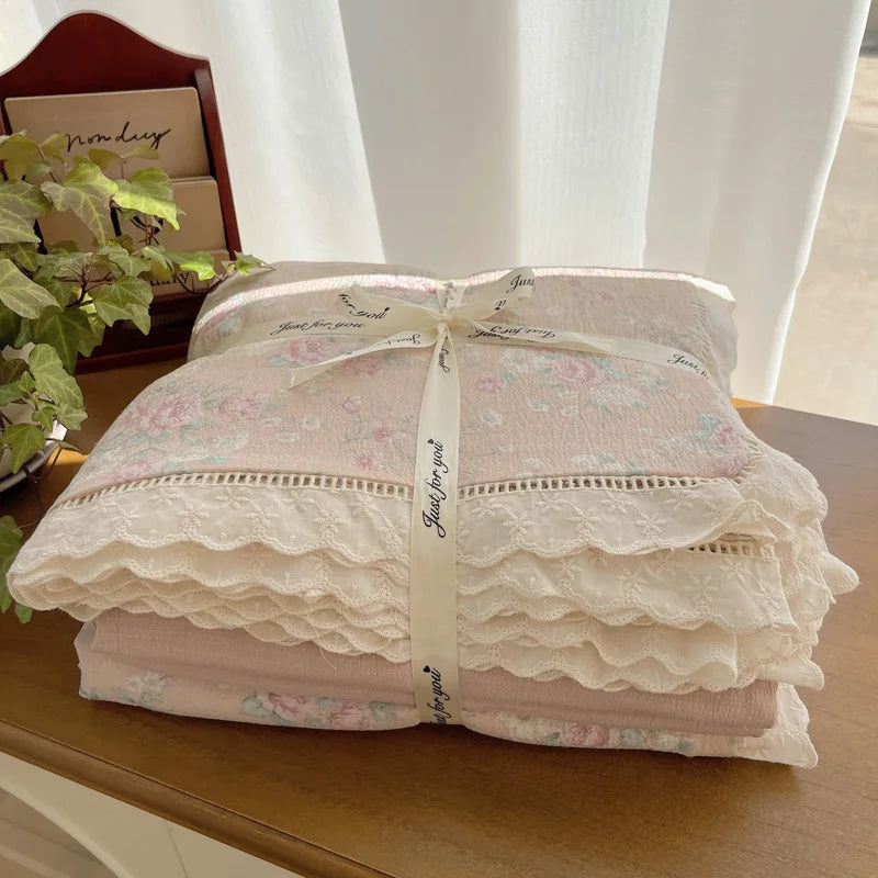Cyflymder  New A-Class Hollow Lace Bedding Set Fitted Sheet Quilt Cover Pillowcase for Spring Summer Korean Skin Friendly Cozy Bedclothes