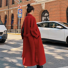 Cyflymder Winter Trench Coat For Women Elegant Fashion Korean Casual Thick Wool Coat Red Lace-up Long Jacket  Black Woman Coat With Blet