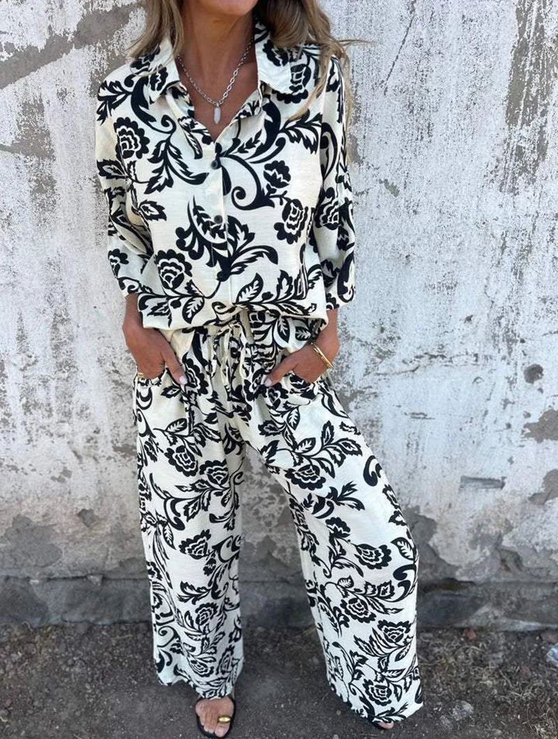Cyflymder  Hot Sale Printed Women's Two Piece Sets Vintage Turndown Collar Long Sleeve Shirt Elastic High Waist Baggy Casual Pants