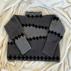 Cyflymder  Women Grey Black Geometric Striped Crochet Knit Sweater Turtleneck Long‑Sleeve Loose Y2K Casual Warm Pullover Top