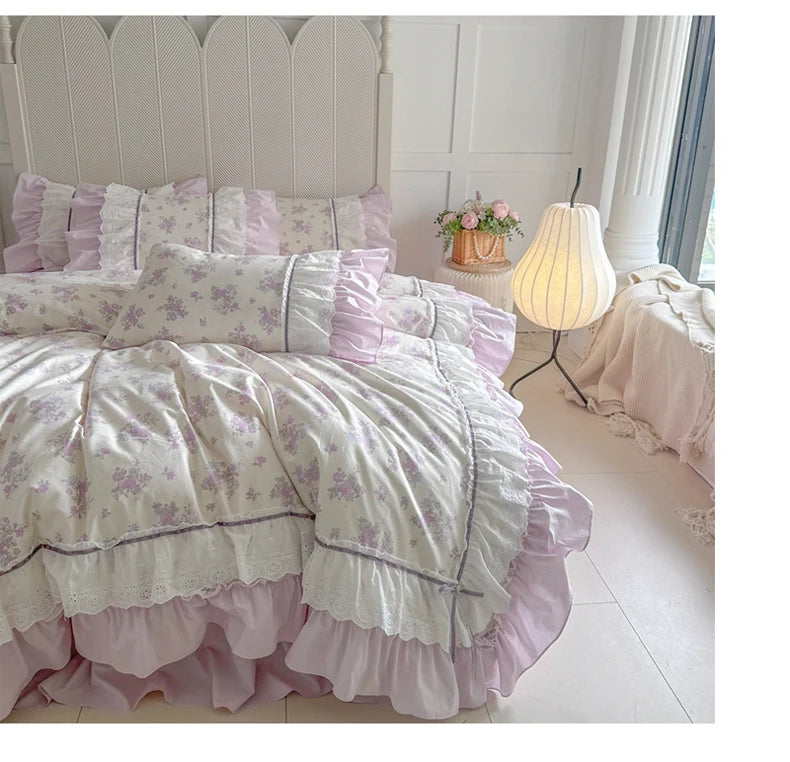 Cyflymder  Pink Floral Double Layer Lace Ruffles 100% Cotton Bedding Set Duvet Cover Set Bed Sheet/Bed Skirt/Fitted Sheet Pillowcases 4Pcs