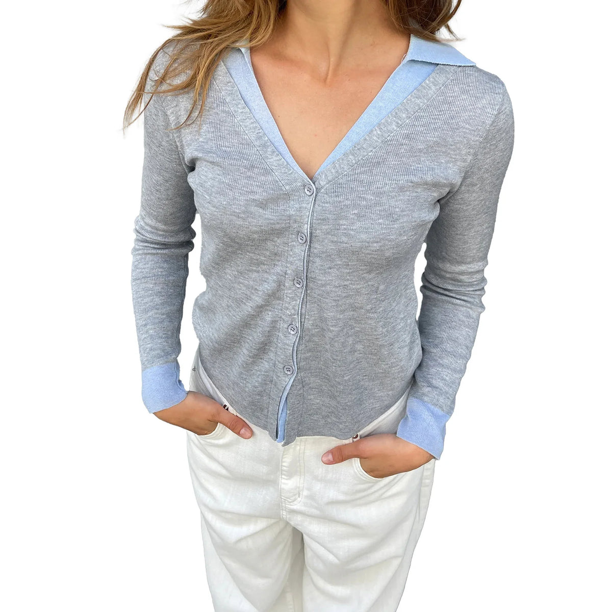 Cyflymder  Women Blouses Stylish Long Sleeve V-neck Button Down Patchwork Top with  Fit Design for Chic Street Style and Everyday Wear