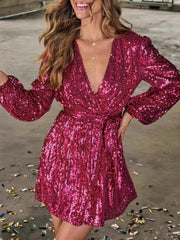 Cyflymder  Elegant Women Luxury Formal Sequin V-Neck Mini Dress Fashion Long Sleeve Evening Ladies Street Party Vestidos Spring Summer