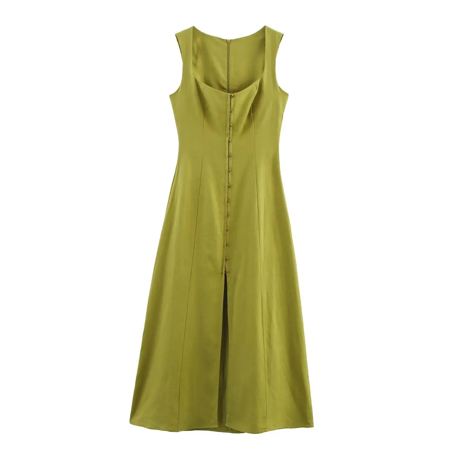 Cyflymder  Elegant retro linen maxi dress for women new summer fashion square neck single breasted slim fit chic party evening dress