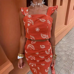 Cyflymder  Women's Fashionable Sweet Printed Suit Fly Sleeve Small Top A Skirt 2-piece Set European American Style Cross-border Trade