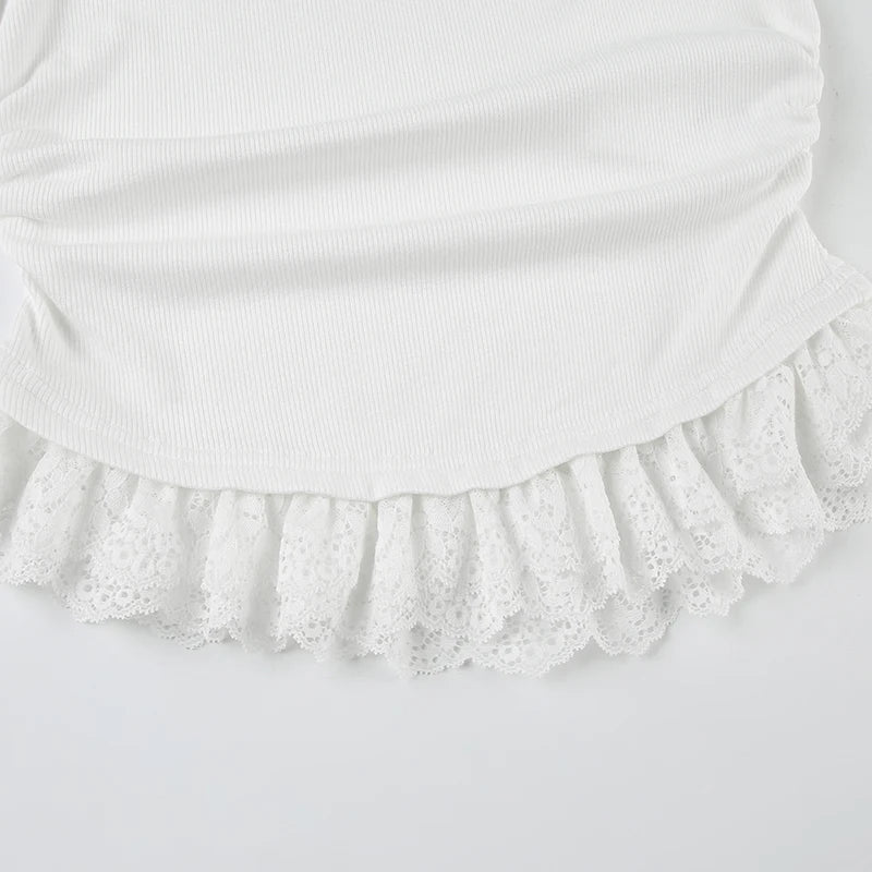 Cyflymder  Casual Lace Trim Folds T Shirt With Scarf Sweet Slim Solid Square Collar Short Sleeve Tees Women 2025 Summer Fashion