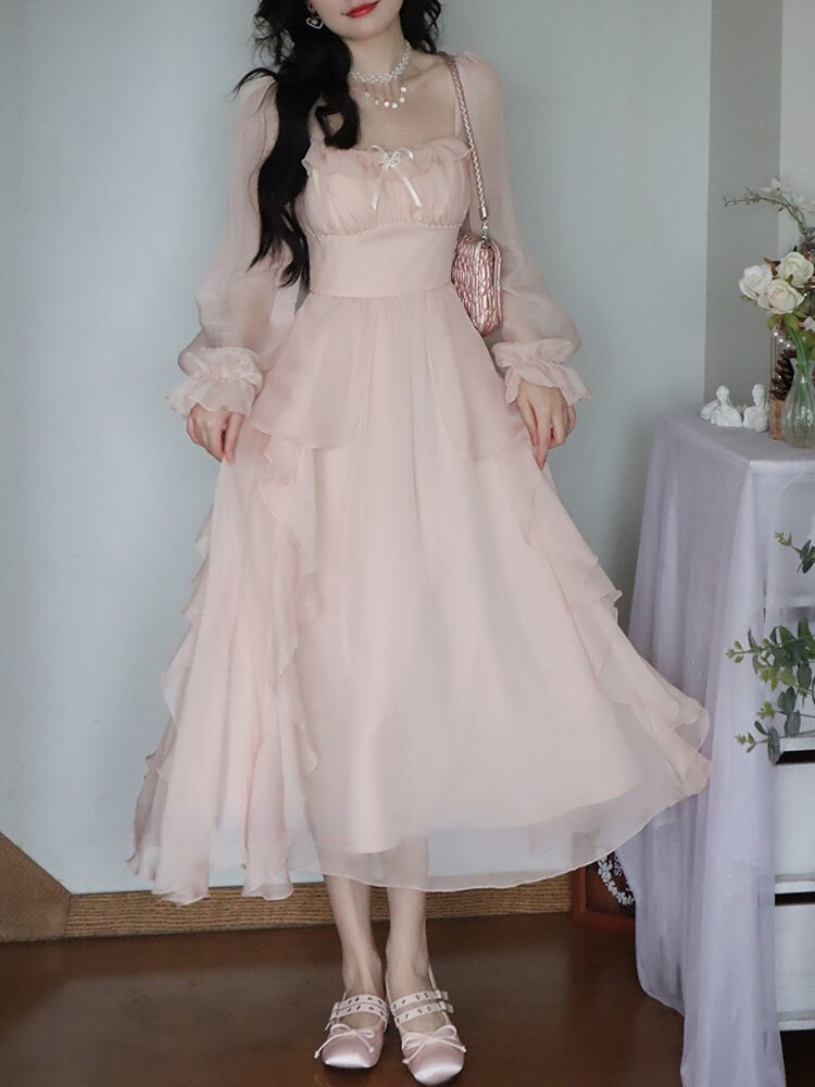 Cyflymder 2023 Summer Pink Chiffon Vintage Fairy Dress Women Korean Style Elegant Party Midi Dress Female Court Retro Flare Sleeve Dresses