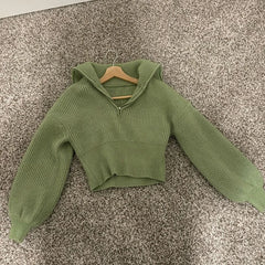 Cyflymder  Women Y2K Sage Green Cropped Knit Sweater Half Zip Hooded Pullover Lantern Long‑Sleeve Loose Fit Casual Streetwear Top