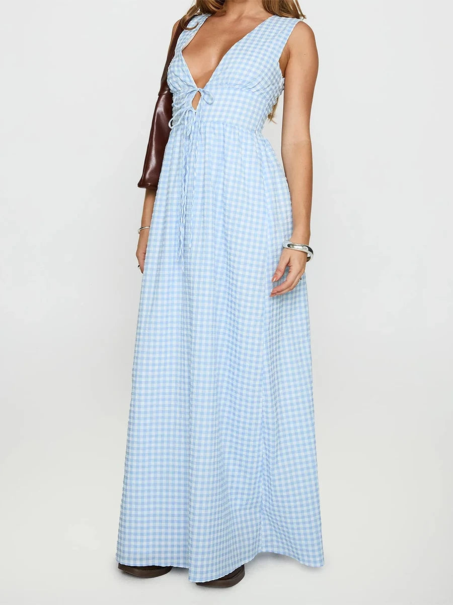 Cyflymder  Elegant Floral Print Sleeveless Maxi Dress with V-Neckline and Tie Waist Detail for Summer Wedding Party or Vacation Beachwear