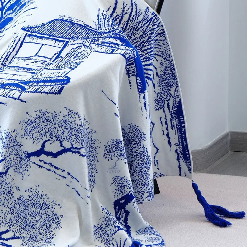 Cyflymder  Ethnic Style Pure Cotton Blue Sofa Blanket Napping Knitted Blanket for Living Room Bedroom Adult Kids Sofa Cover for All Seasons