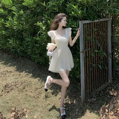 Cyflymder  Women's Bow Gentle Style Short-sleeved New Temperament Mesh Dress