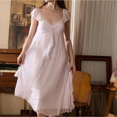 Cyflymder   Suspender Nightdress with Chest Pad Kink Design Irregular Ruffle Edge Pajamas Long Skirt Princess Style Loungewear