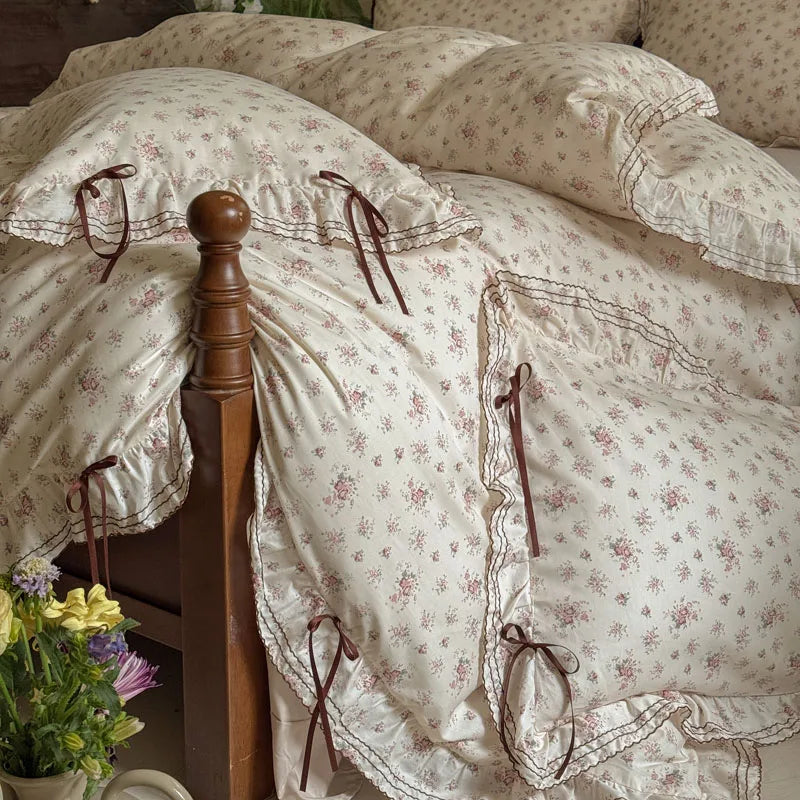 Cyflymder  100% Cotton Pastoral Floral Print Ruffles Bow Princess Bedding Set Queen King Duvet Cover Set Bed Sheet/Fitted Sheet Pillowcases