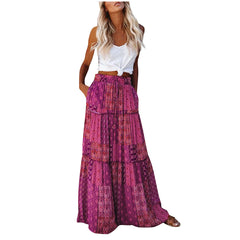 Cyflymder  Ladies’ Fashion Bohemian Flower Printing Elastic Waist Pleated Skirt Loose Casual Vintage High Waist Tie A-Line Long Skirt