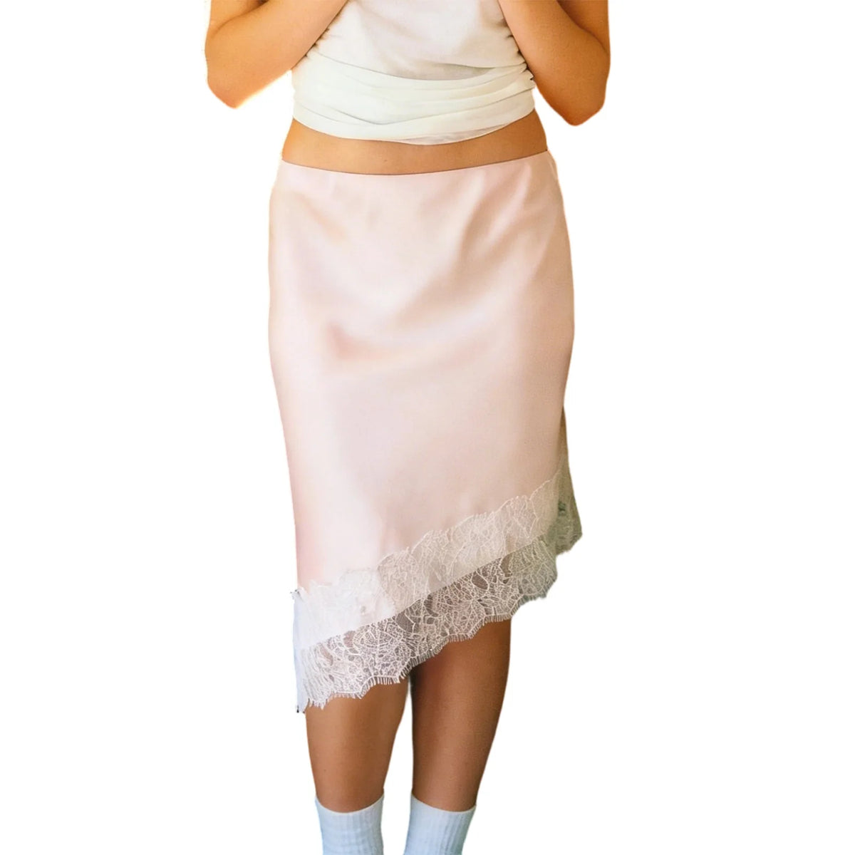 Cyflymder  Summer Women Vintage Midi Skirts Low Waist Skirt Lace Trim Satin Irregular Skirt for Casual Daily