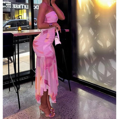 Cyflymder  Women's Clothing Micro-transparent Splicing Backless Sexy Hip Skirt One-word Collar Slim Tube Top Long Dress