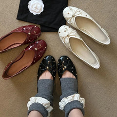 Cyflymder  Bordered Rivets Pumps Bows Leather  Round Toe Flat with Slip-On Fashion Concise Sweet Sexy Luxury Women Outdoor Shoes New