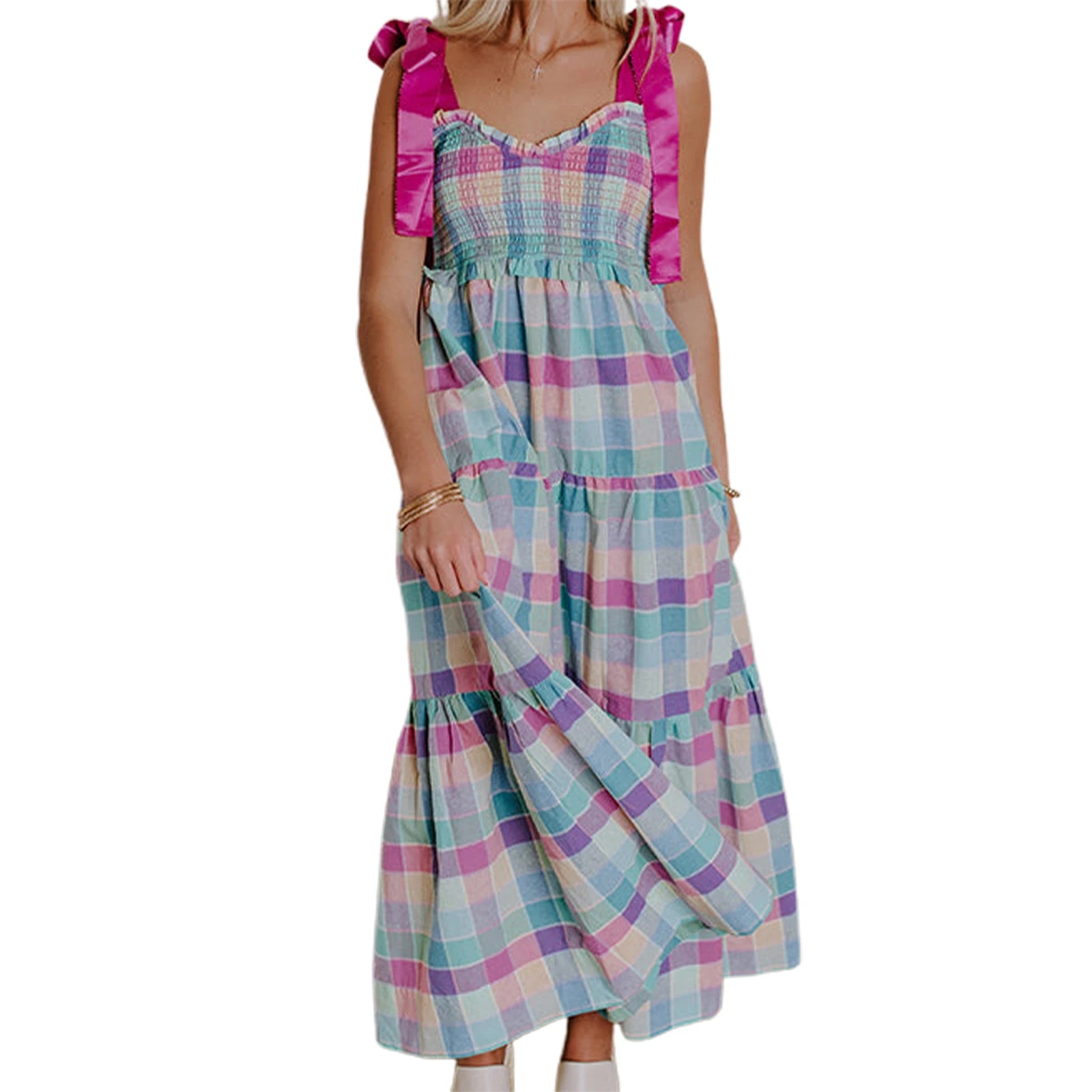 Cyflymder  Elegant Sleeveless Maxi Dress with Tie-Shoulder Detail and Ruffled Trim in Chic Plaid Pattern for Women s Fashion