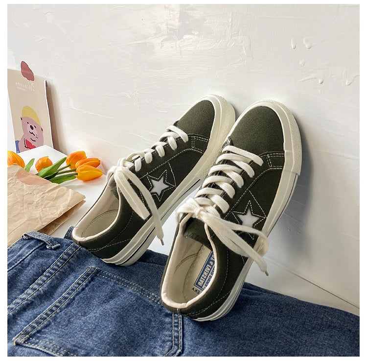 Cyflymder  Retro Star Canvas oes Women's Versatile Little Dir oes INS Skateboard oes Hong Kong Sle Ulzzang Trendy Student Whit...