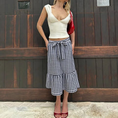 Cyflymder  Spring Summer Literary Loose A-line Skirts Y2k Fashion Constrast Color Plaid Bow Design Mie-length Jupe Harajuku Preppy Skirt