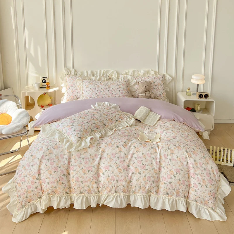 Cyflymder  Floral Print Korean Style Princess Lace Ruffles 100% Cotton Bedding Set Duvet Cover Bed Sheet/Fitted Sheet Pillowcases 3/4Pcs