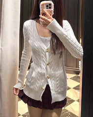 Cyflymder  Cable Knit V-neck Cardigan Women Spring Simple Basic Casual Cotton V-neck Slim Jumper Sweet Chic Long Knitted Tops