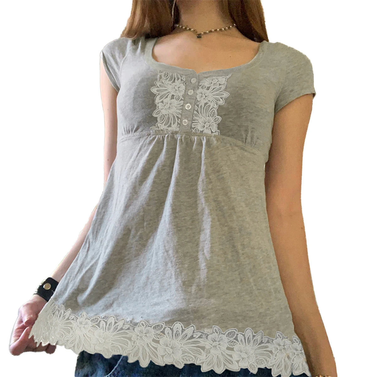 Cyflymder  Women s V-Neck Short Sleeve T-Shirt with Floral Lace Detailing and Button Accents - Casual Loose Fit Top for Summer Spring