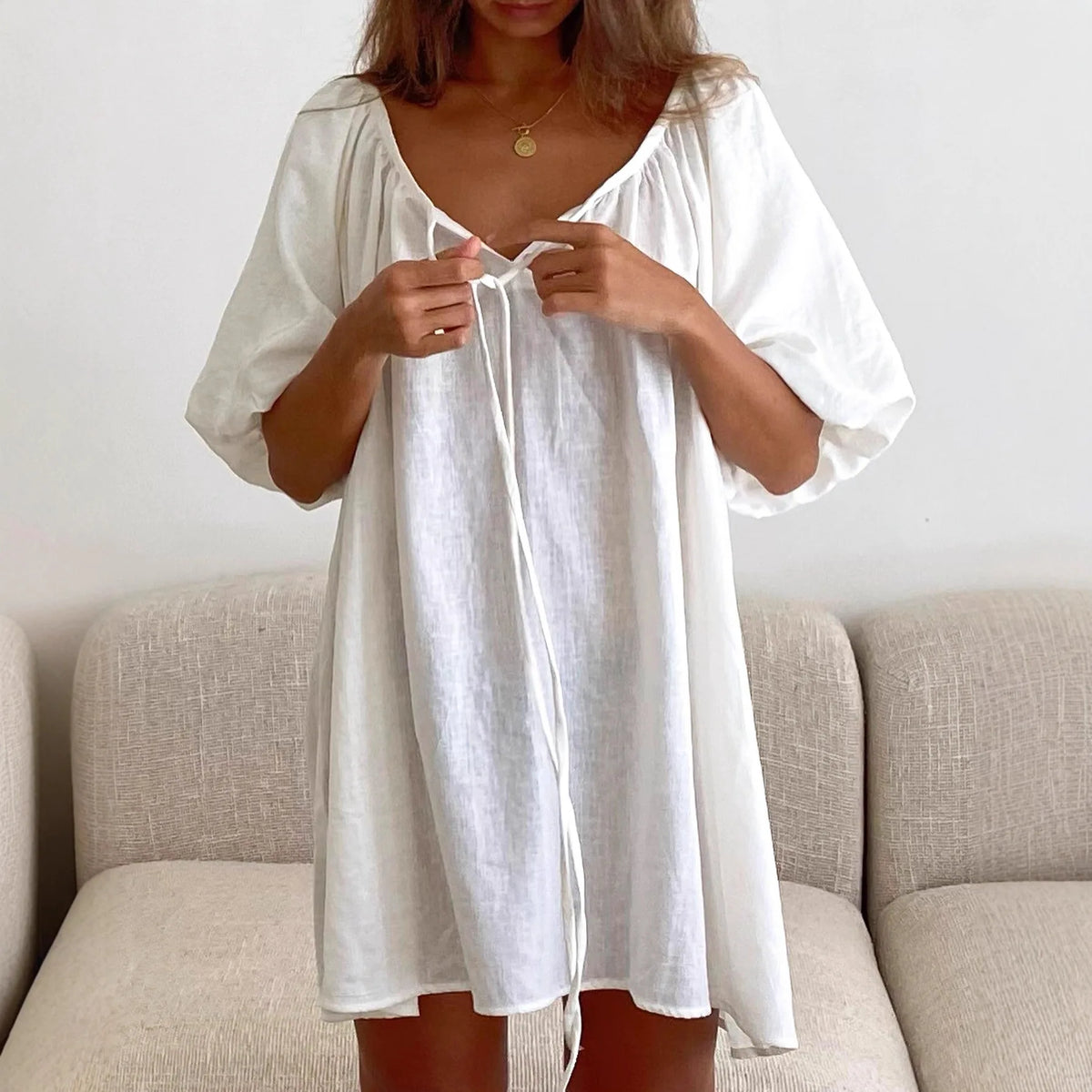 Cyflymder  Pure Cotton Spring and Summer New White Comfortable Breathable Loose Lace-up Nightdress Loungewear Women