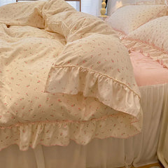 Cyflymder  Sweet Flower Printed Bed Skirt Bedding Set Skin Friendly Cotton Nude Sleeping Comforter Set Class-A Twin Single Home Textile