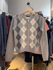 Cyflymder  New Diamond Jacquard Button Sweater Coat Women Autumn Slim Cotton O-neck Casual Jumper Tops Sweet Chic Preppy Style Cardigan