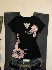 Cyflymder  Retro T-shirt Woman Clothing Y2k Letter Print Goth Punk V-Neck Aesthetic Harajuku 2000s Lace fake 2Piece High Street Grunge Tees