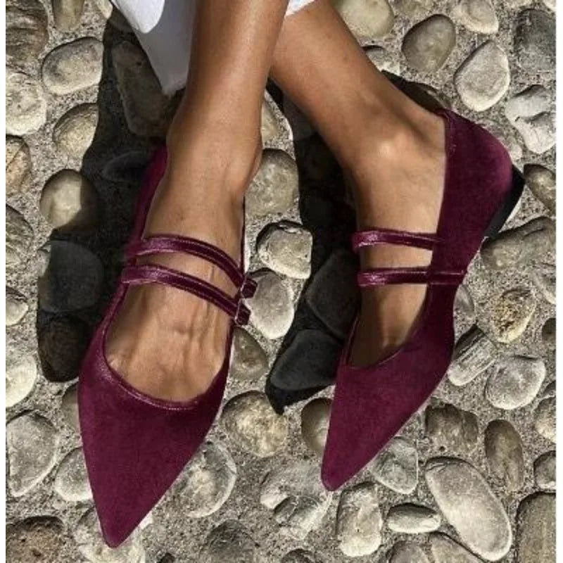 Cyflymder  New European Style Pointed Shallow Mouth Double Fine Strap Suede Mary Jane Women's Shoes Big Size 43 Women's Flat Shoes